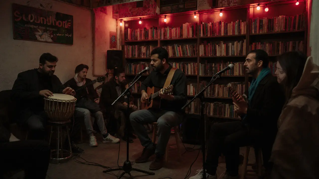 A live music performance under a bookshop, a poet and musician playing for a small, attentive audience.