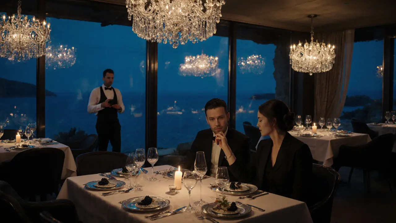 A luxurious dining room with chandeliers and sea views, a couple enjoying an intimate dinner.