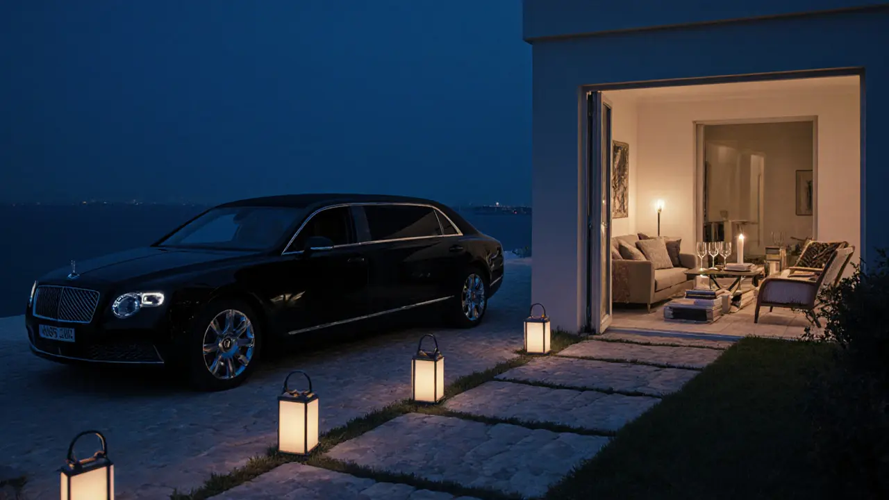 A luxurious villa at night with signs of a private, intimate evening—no people, only ambiance.