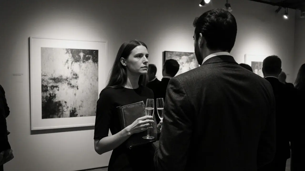 A man and woman at an exclusive Paris art gallery opening, blending into the refined crowd with understated grace.