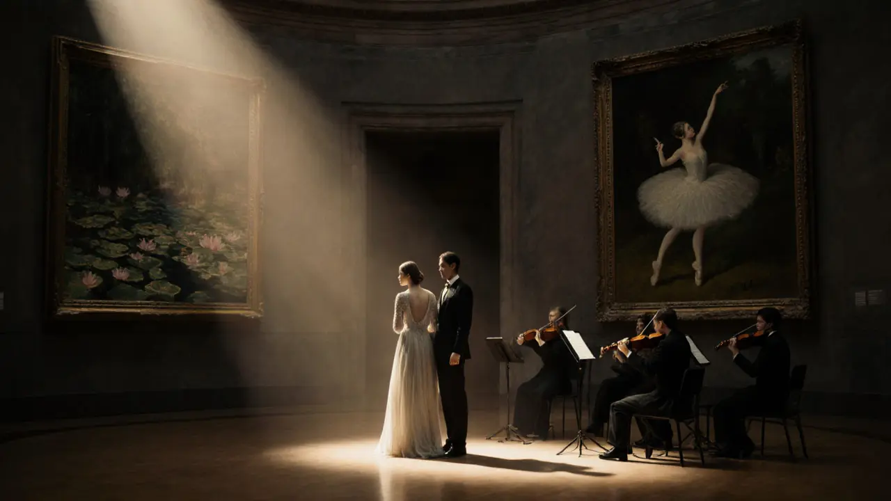 A man and woman standing silently before Monet’s water lilies in the dimly lit Musée d’Orsay during a silent concert.