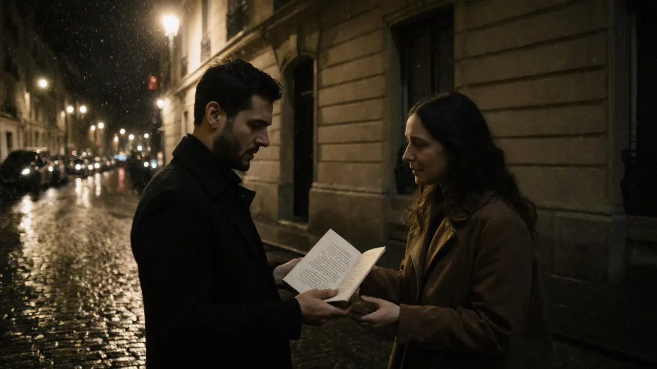 A man offers a book to a woman outside a Parisian building, both expressing quiet mutual respect.