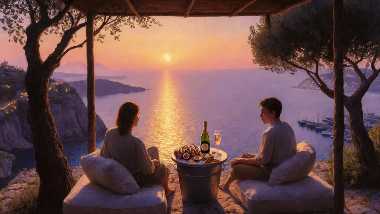A private beachside cabana at sunset, two people with Champagne and fresh food overlooking the glowing sea.