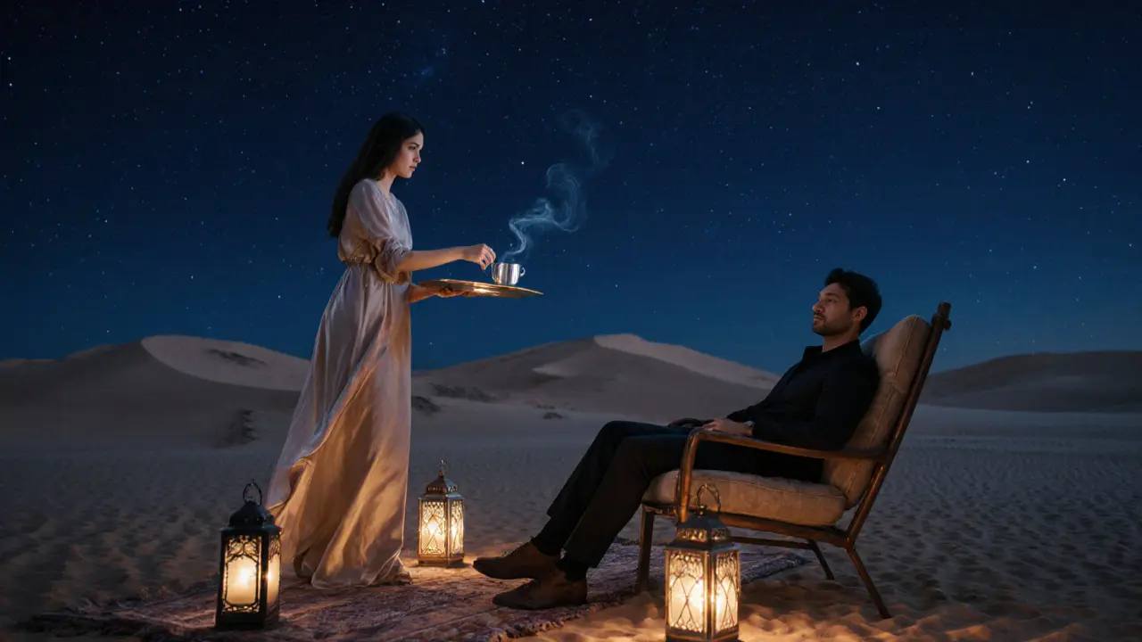 A private desert dinner under the stars with two people seated at an intimate table, surrounded by dunes and lantern light.