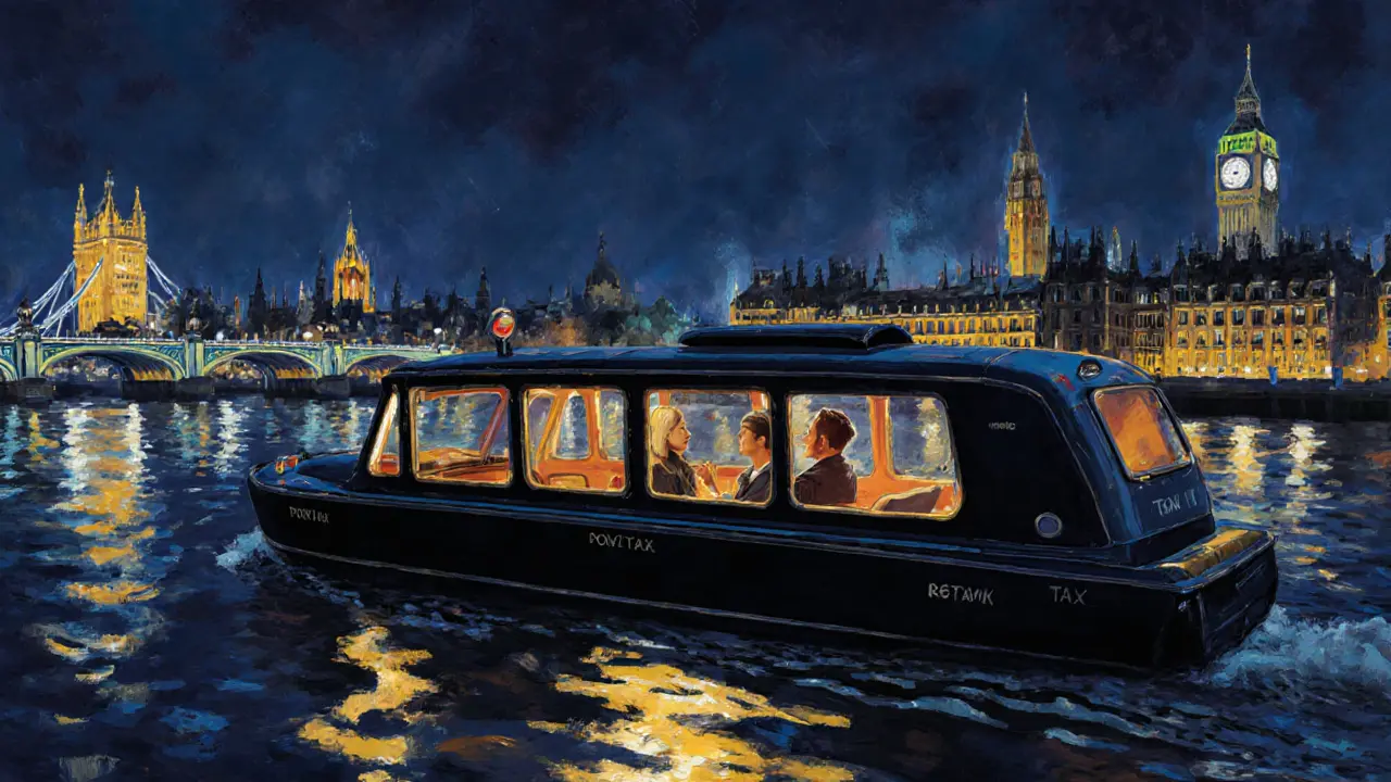 A private river taxi glides along the Thames at night, city lights reflecting on dark water.
