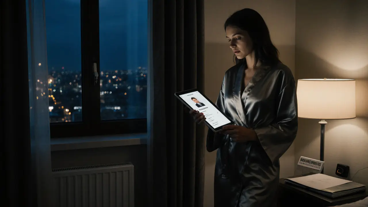 A professional escort in a hotel room reviewing client details, with a panic button visible on the nightstand.