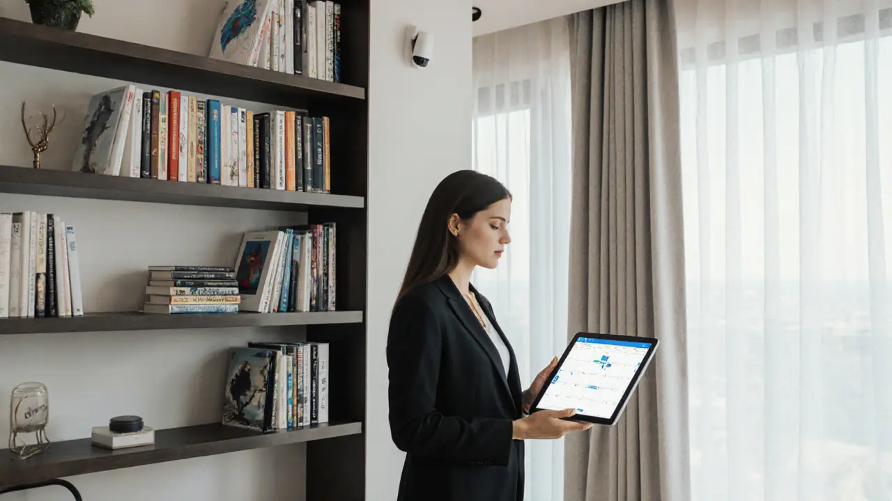 A professional woman in a modern Dubai villa surrounded by books and art, emphasizing discretion and intellectual presence.