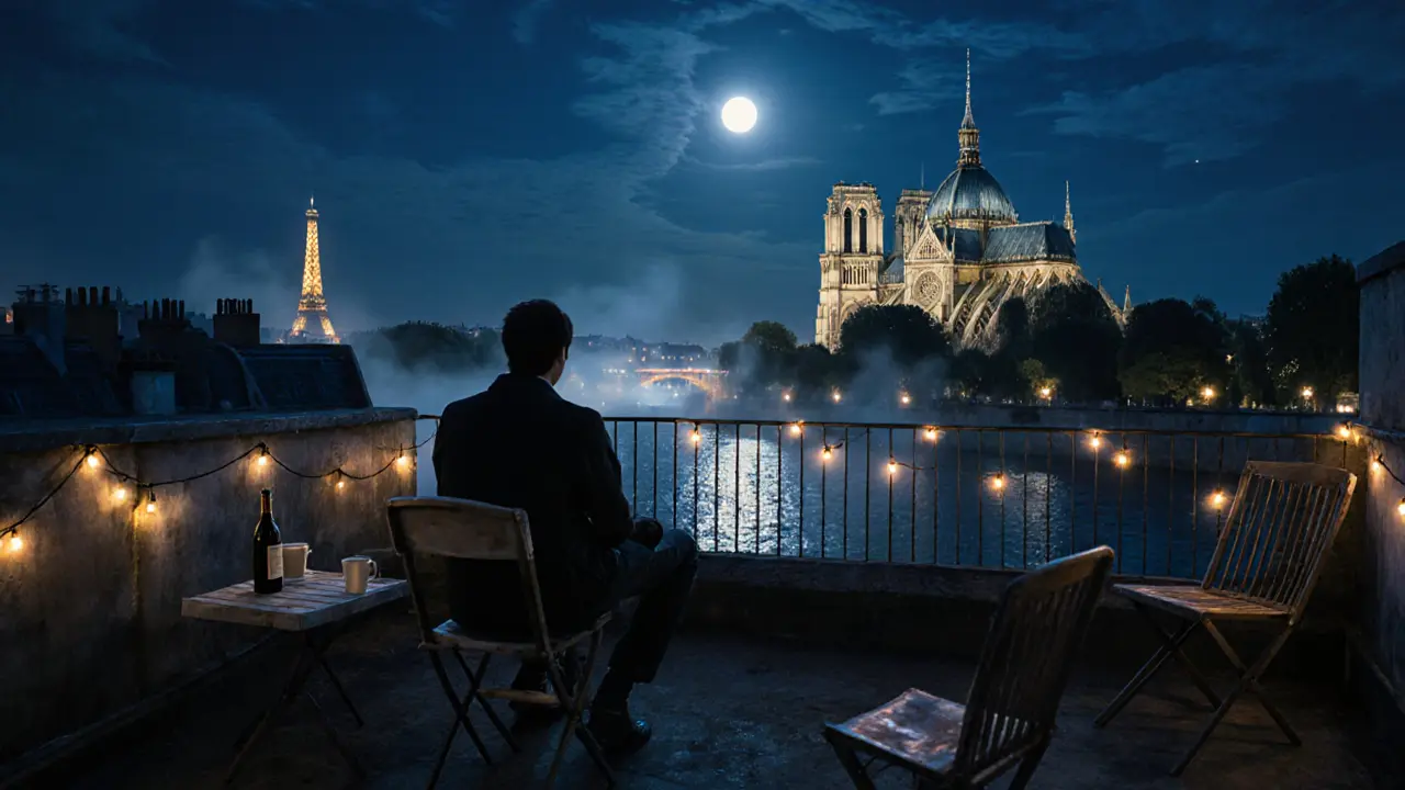 A quiet rooftop overlooking Notre-Dame at night, string lights and mismatched chairs under the moon.