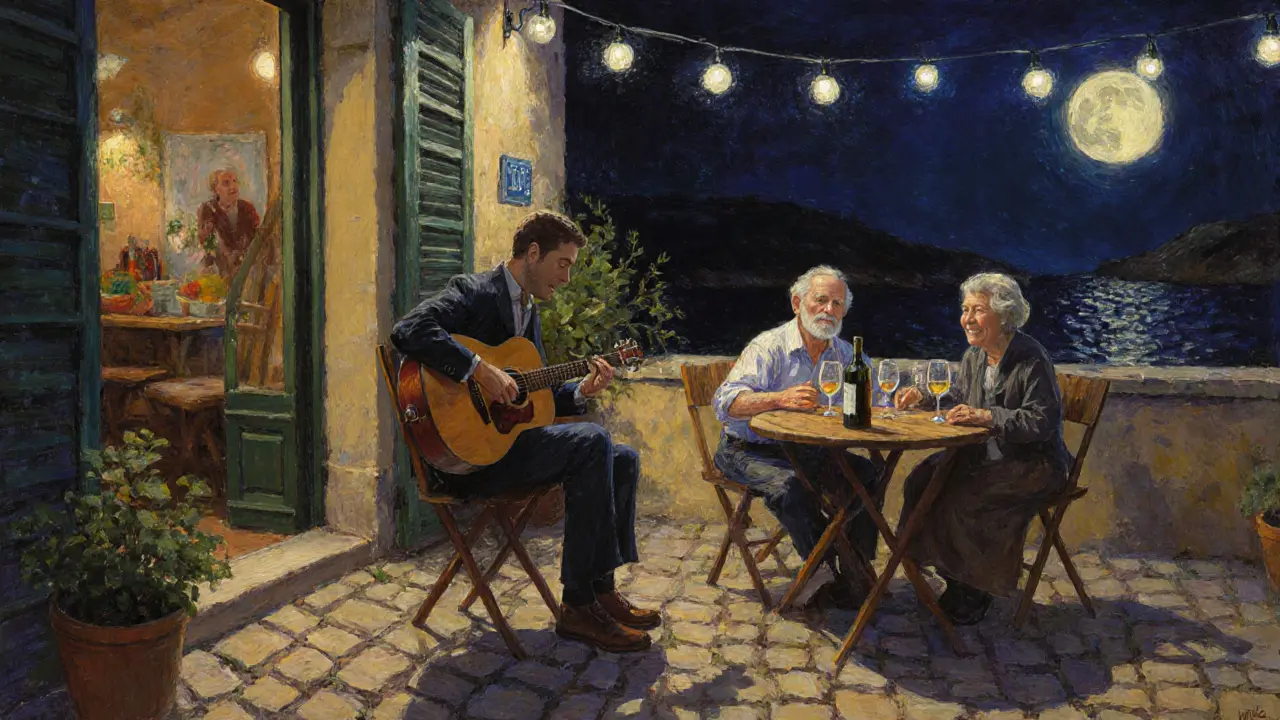A quiet terrace at Blue Bay with locals enjoying wine and live acoustic music under string lights.
