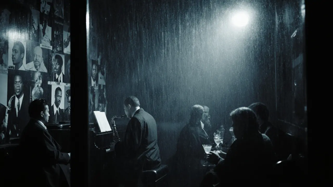 A rainy jazz club with vintage musician photos and a Steinway piano, patrons in trench coats sitting in silent reverence.