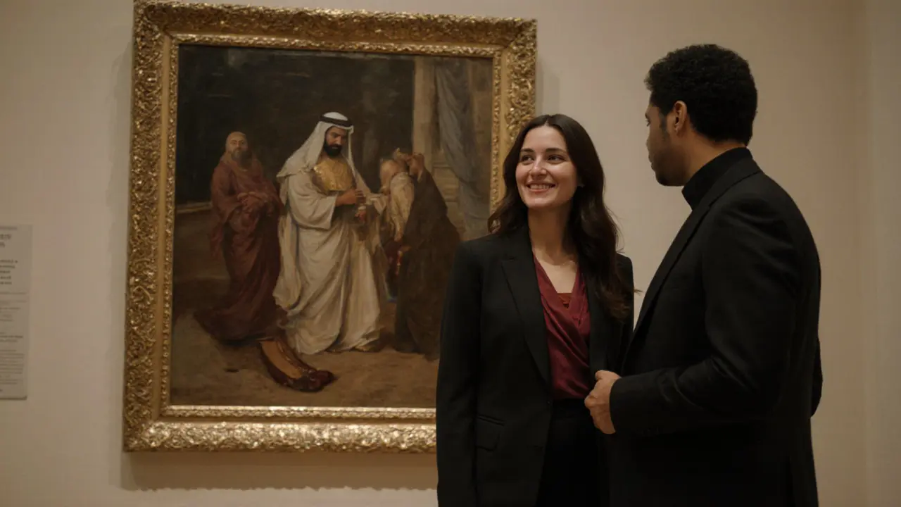 A refined couple engaged in quiet conversation at an exclusive art gallery opening.