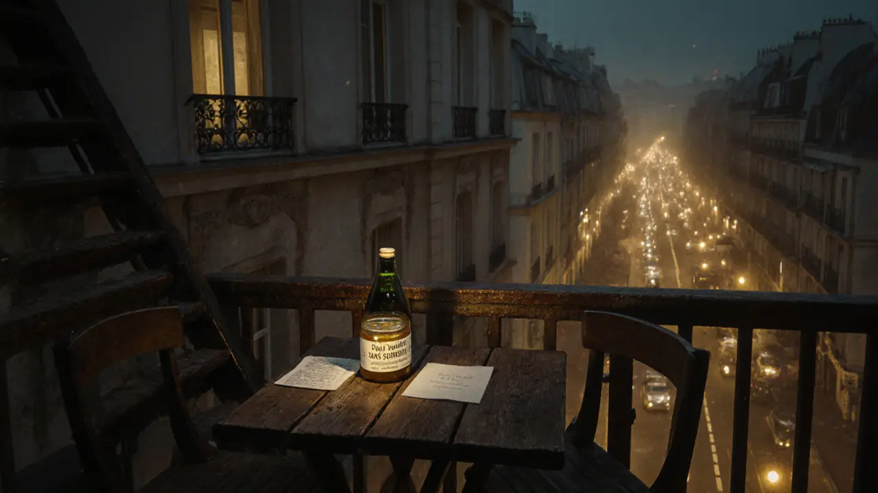 A secret rooftop at midnight with a bottle of absinthe, city lights below, and a jar of honey beside a handwritten note.
