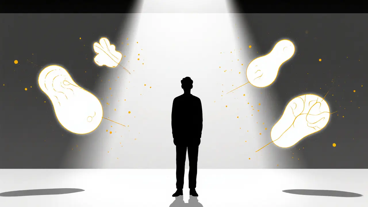 A silhouette surrounded by abstract glowing shapes symbolizing warmth, competence, and unpredictability in empty space.