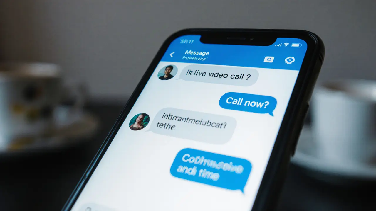A smartphone screen showing encrypted messages about verifying identity before a meeting.