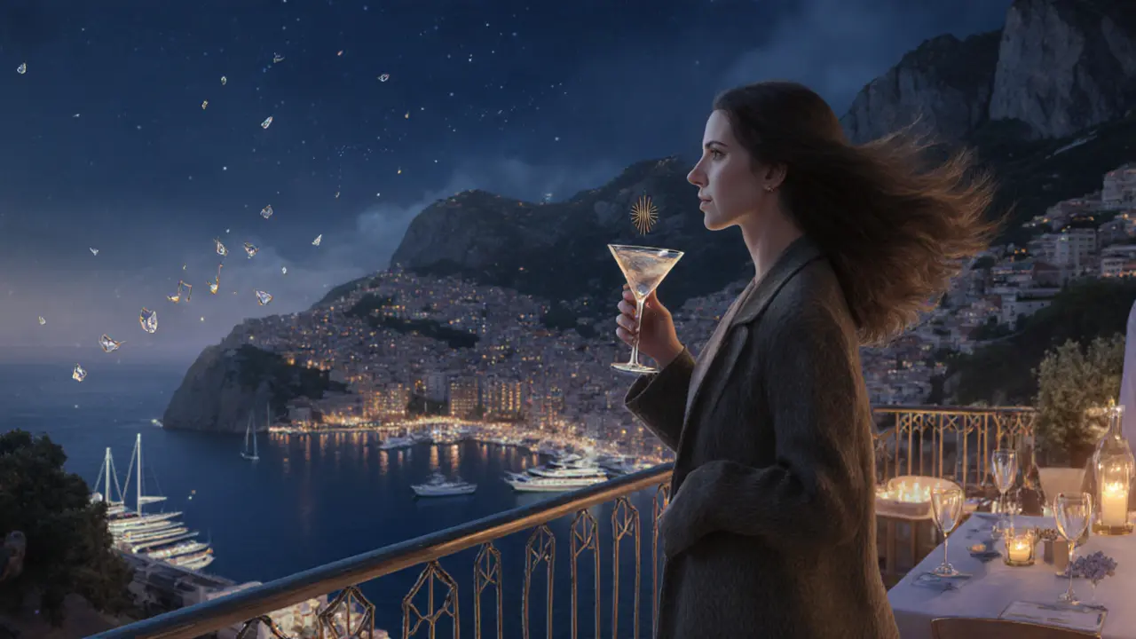 A solitary figure on a rooftop terrace overlooking Monaco’s glittering harbor at night, no phones, only peace.
