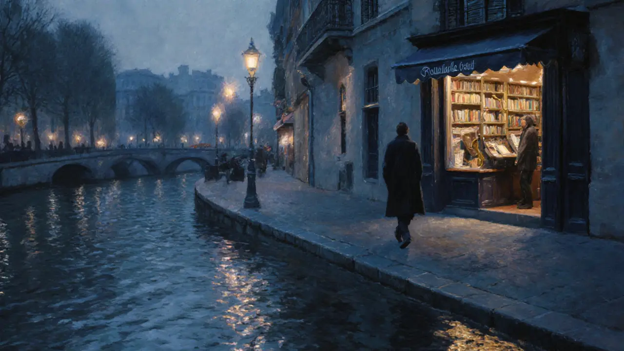 A solitary walker strolls along the Seine at midnight, passing an open bookshop as jazz music drifts from a nearby bar.