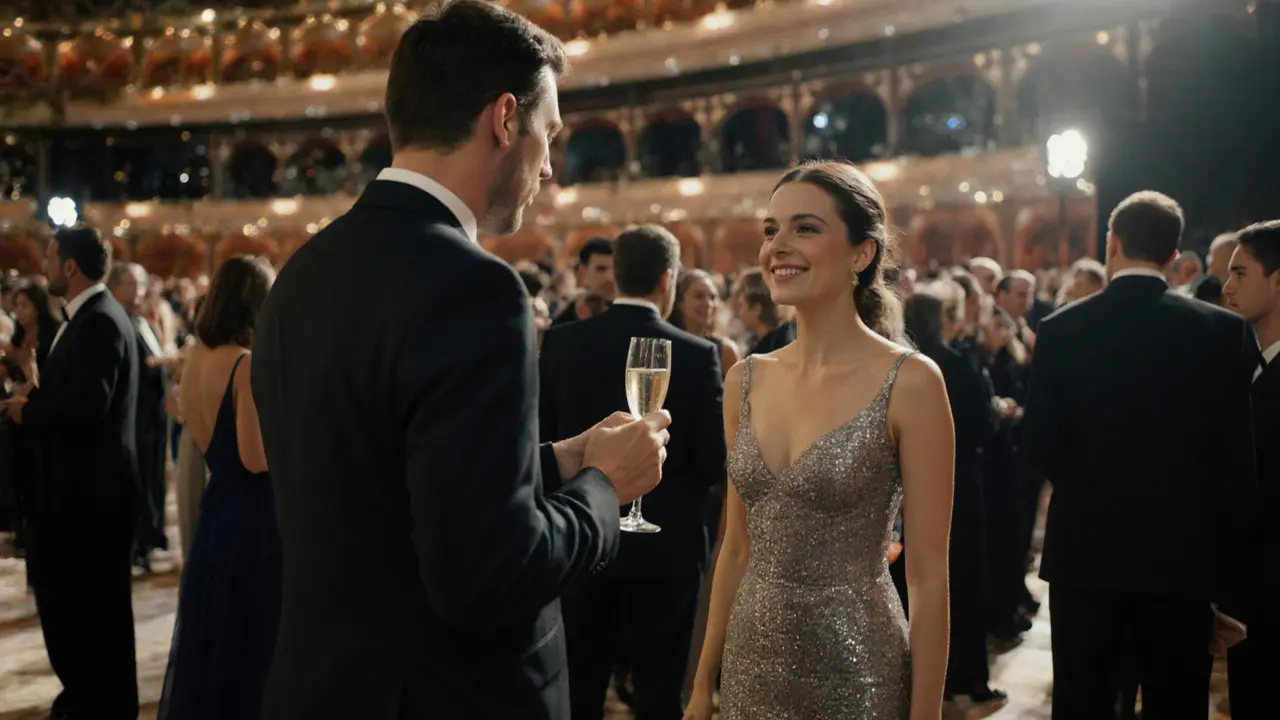 A solo guest at the Dubai Opera Gala being warmly engaged by a sophisticated woman among the crowd.