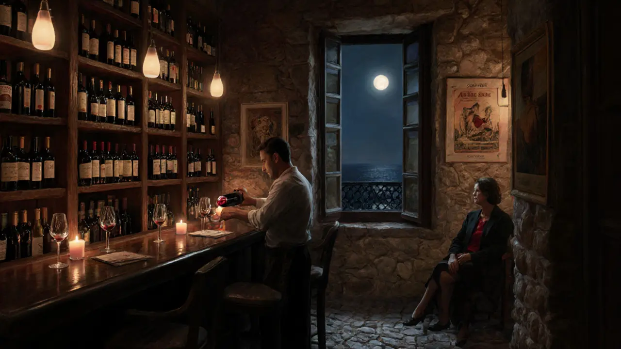 A sommelier pouring wine in a quiet, candlelit cellar behind Monte Carlo Casino, shelves filled with bottles.