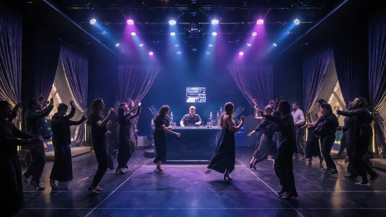 A sophisticated nightclub with a glowing dance floor and VIP cabanas in Abu Dhabi.