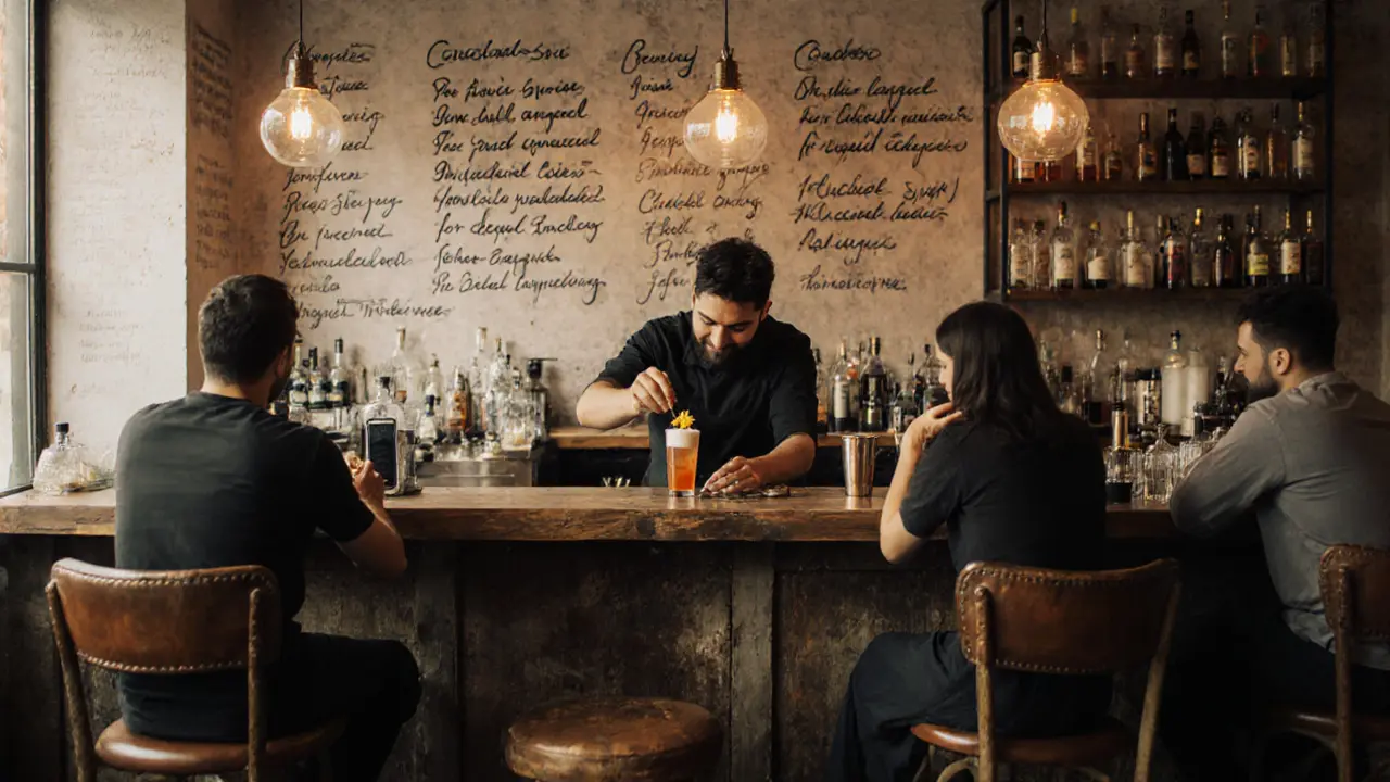 A tiny bar where a mixologist creates a unique cocktail with date syrup and saffron, customers enjoying quiet moments.