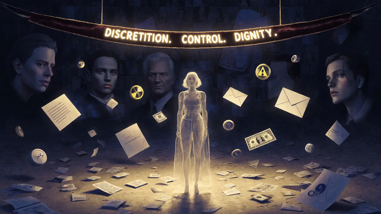 A transparent figure surrounded by floating secrets and cash envelopes, symbolizing hidden emotional labor.