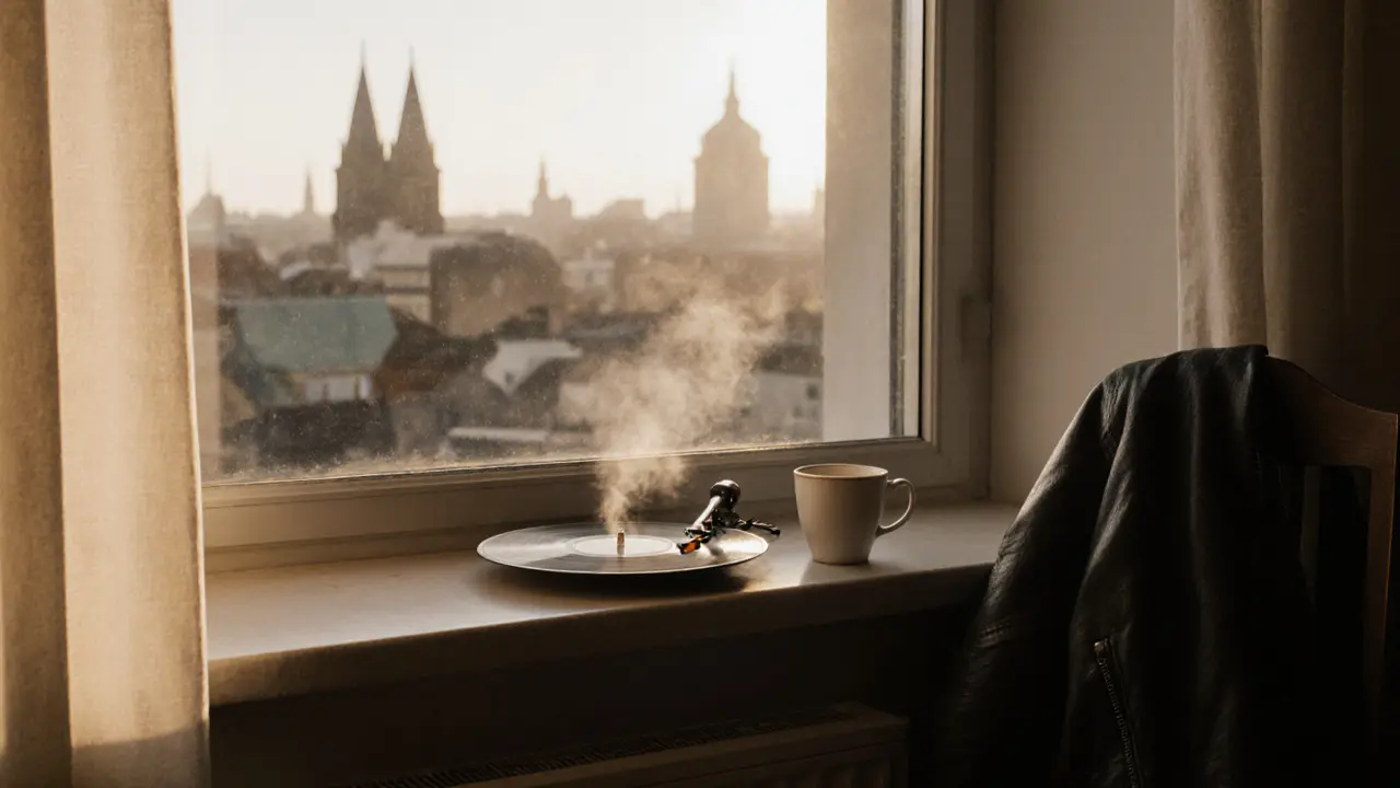 A vinyl record and tea cup rest on a windowsill, symbolizing a thoughtful, unspoken connection after a Berlin evening.