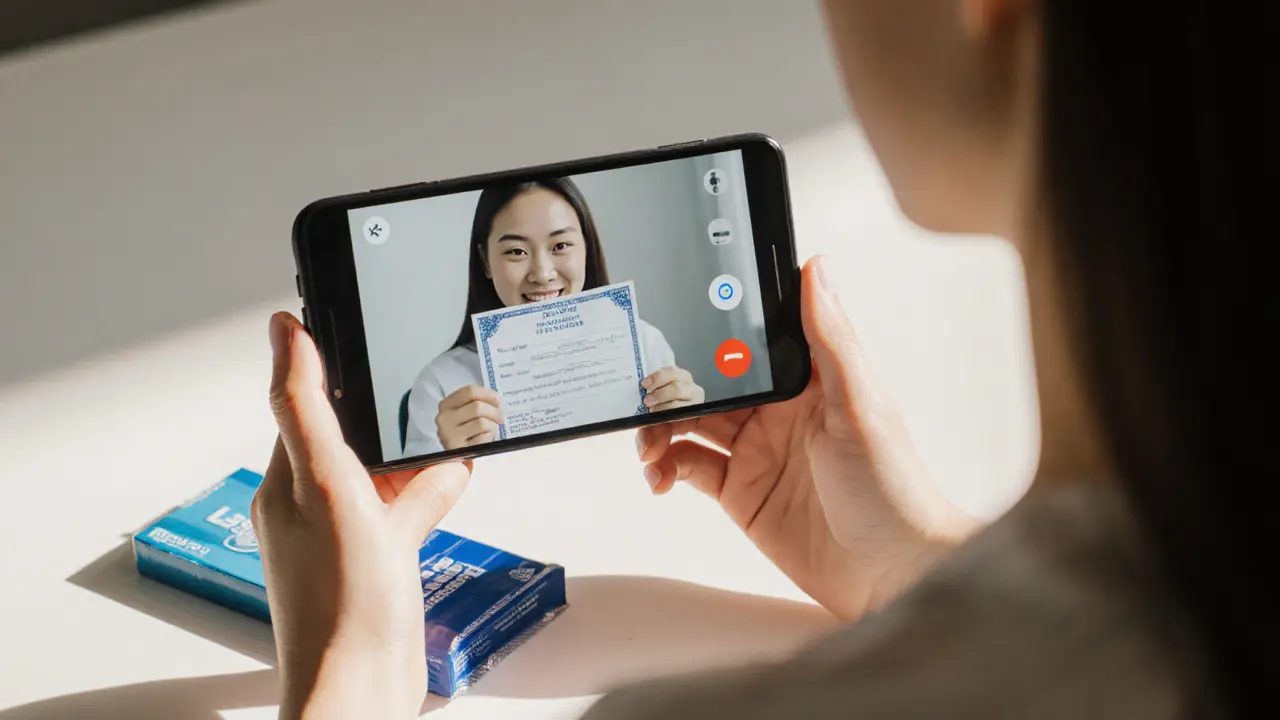 A woman shows a verified health certificate and condom during a video call, emphasizing safety and transparency.