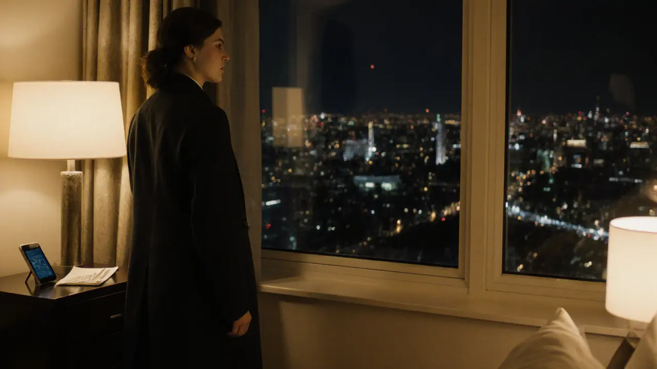 A woman standing by a hotel window in London, cash on nightstand, city lights outside, dignified and discreet atmosphere.