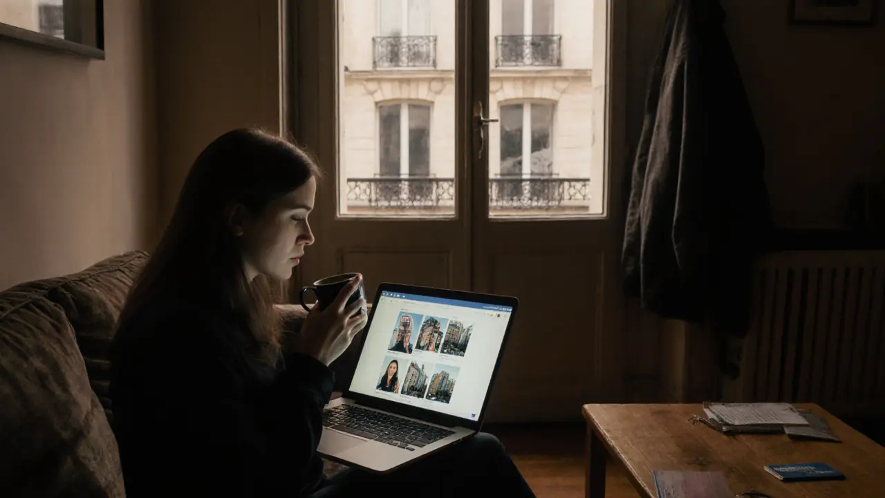 A young woman sits alone in a modest apartment, staring at a laptop displaying vague escort profiles, coffee cup beside her.