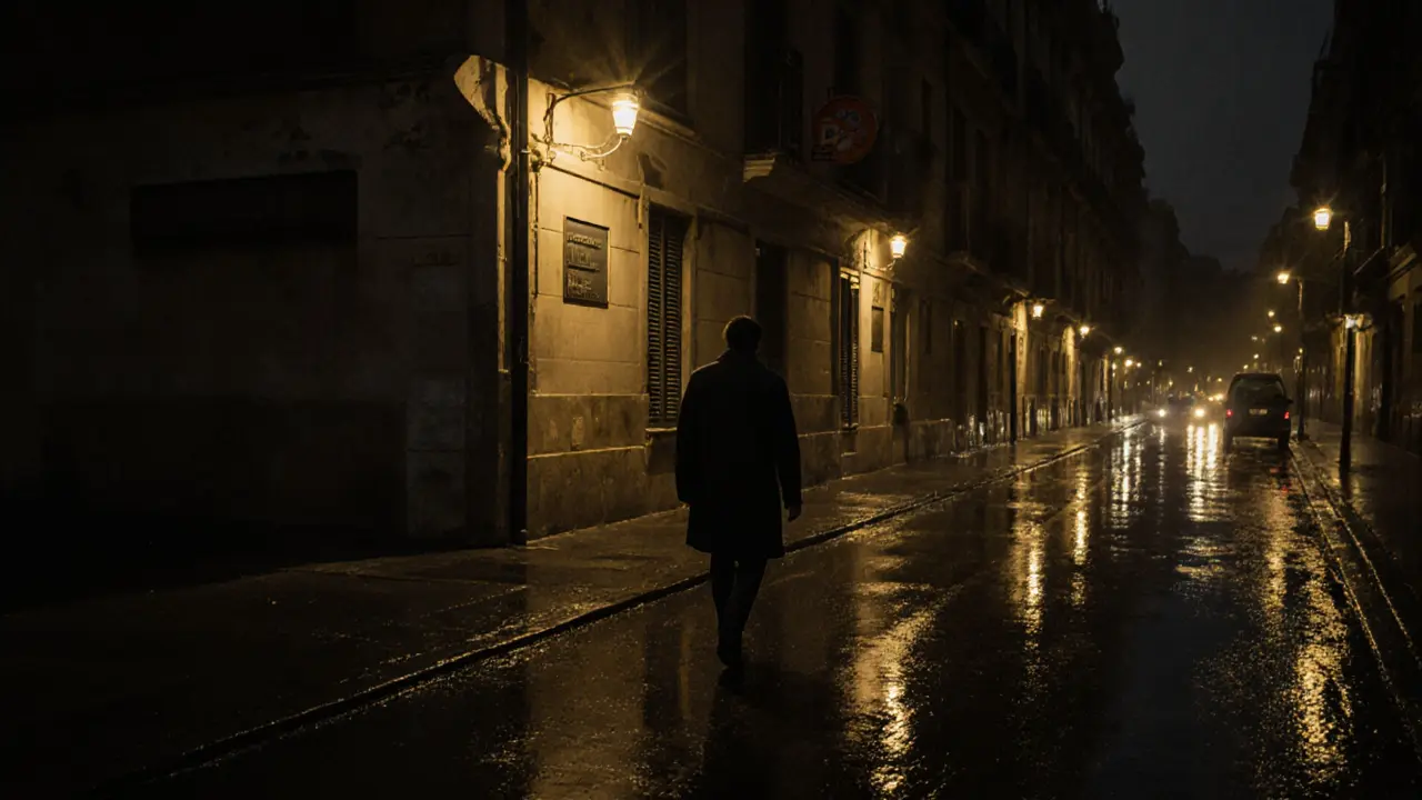An empty rainy street at night near a quiet Milan apartment, conveying solitude and caution.