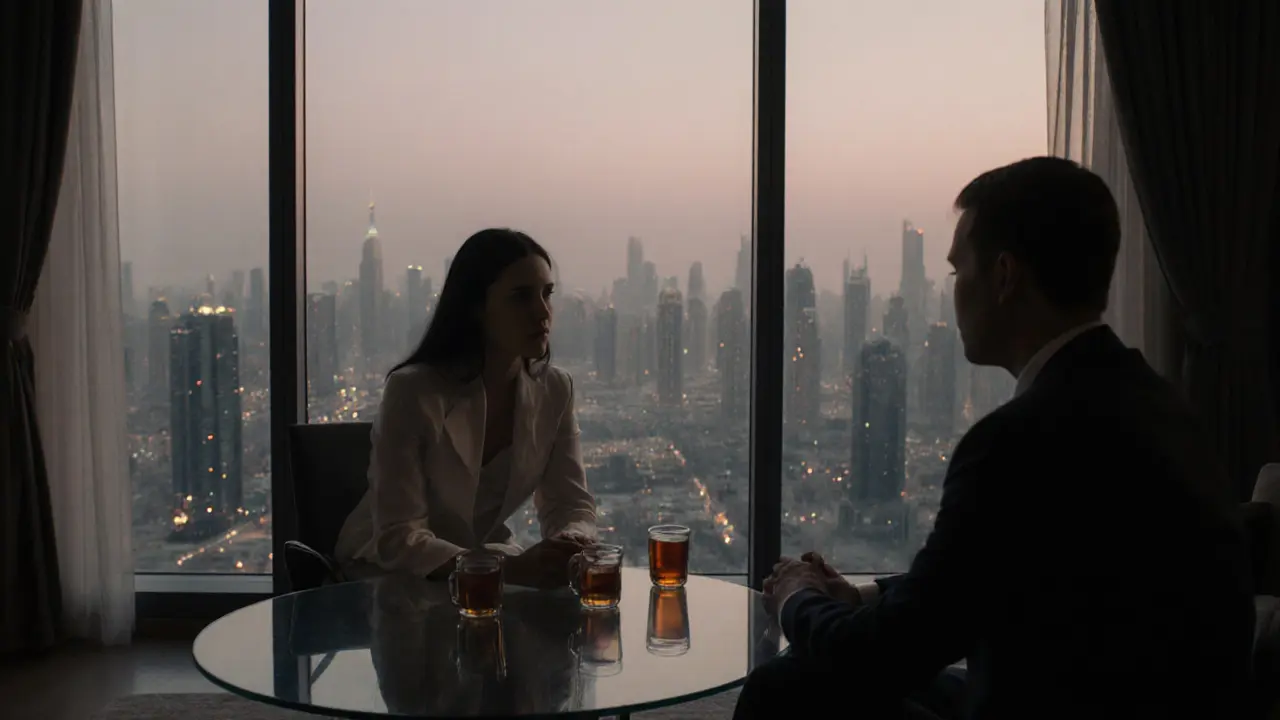 An escort and client share a calm, platonic conversation in a modern Dubai apartment at dusk.