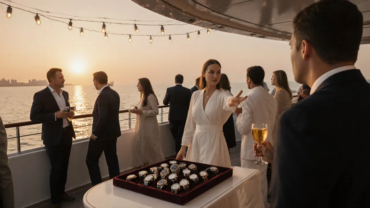 An escort calmly calming an intoxicated guest on a luxury yacht at sunset with vintage watches on display.