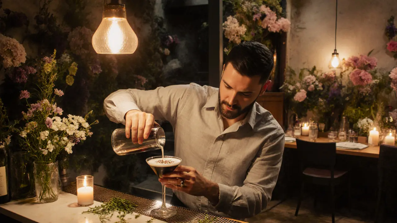 An intimate secret bar above a flower shop, with a bartender pouring a unique cocktail in soft candlelight.