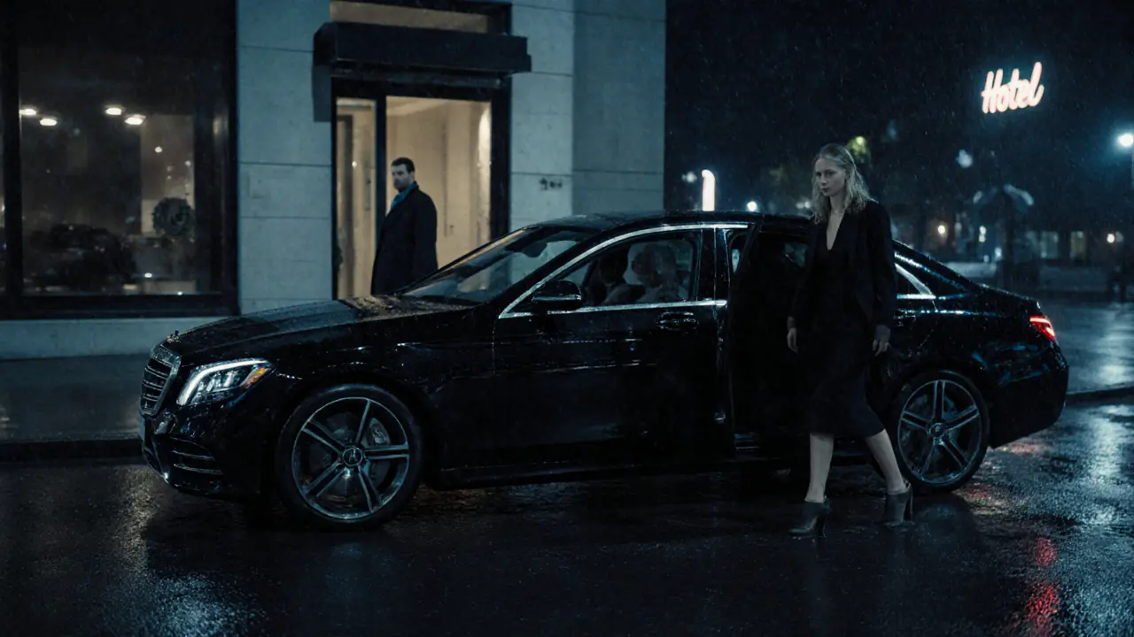 An unmarked luxury car at a Berlin hotel entrance at night, rain-slicked pavement reflecting dim neon.