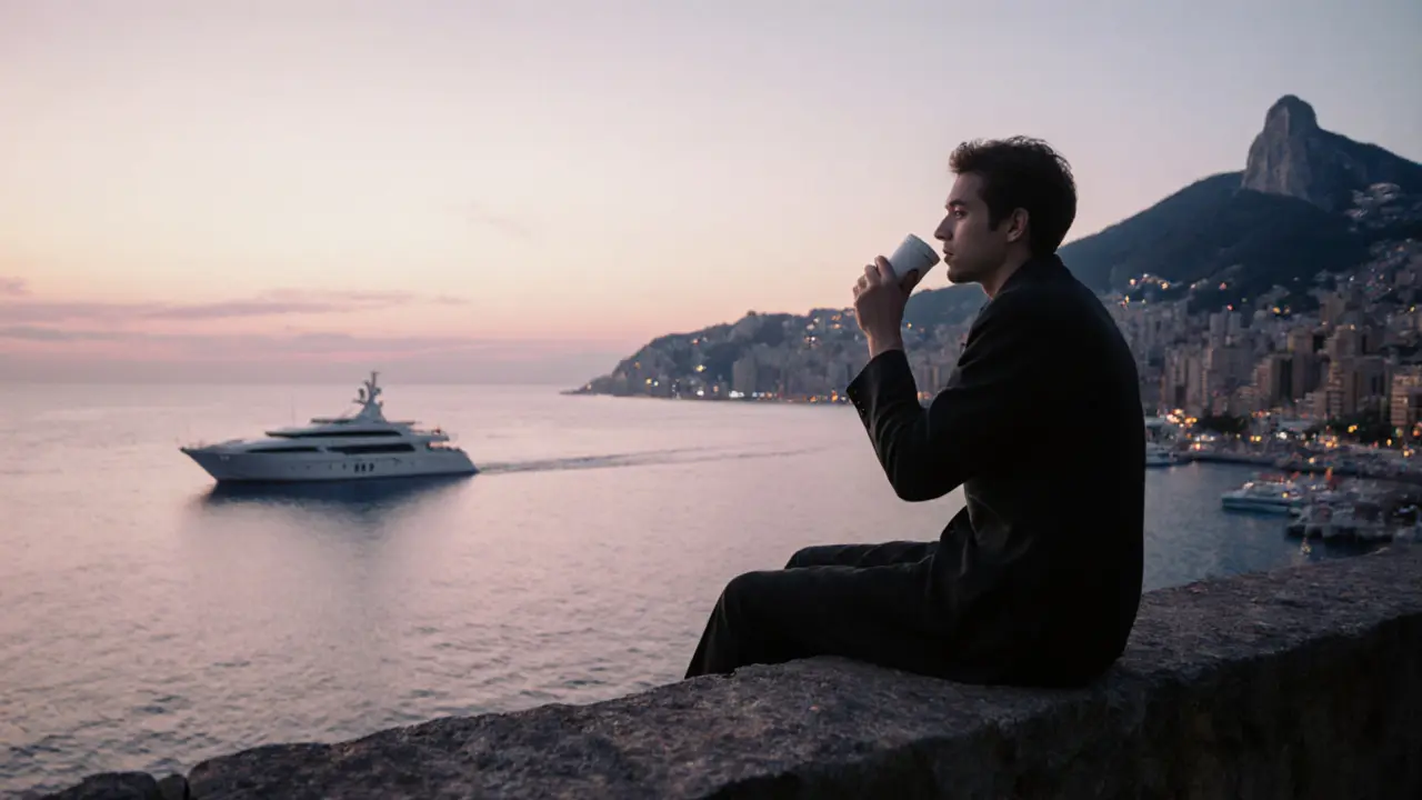 At dawn, a lone person sits on a harbor wall in Monaco, sipping coffee as the sunrise paints the sea.