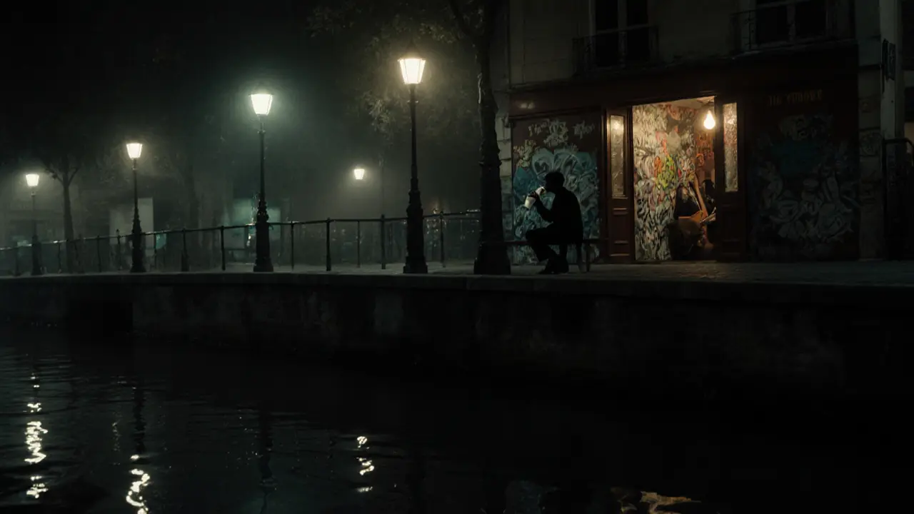 Canal Saint-Martin at midnight, a person sitting on a bench with a wine cup, warm light from a hidden bar.