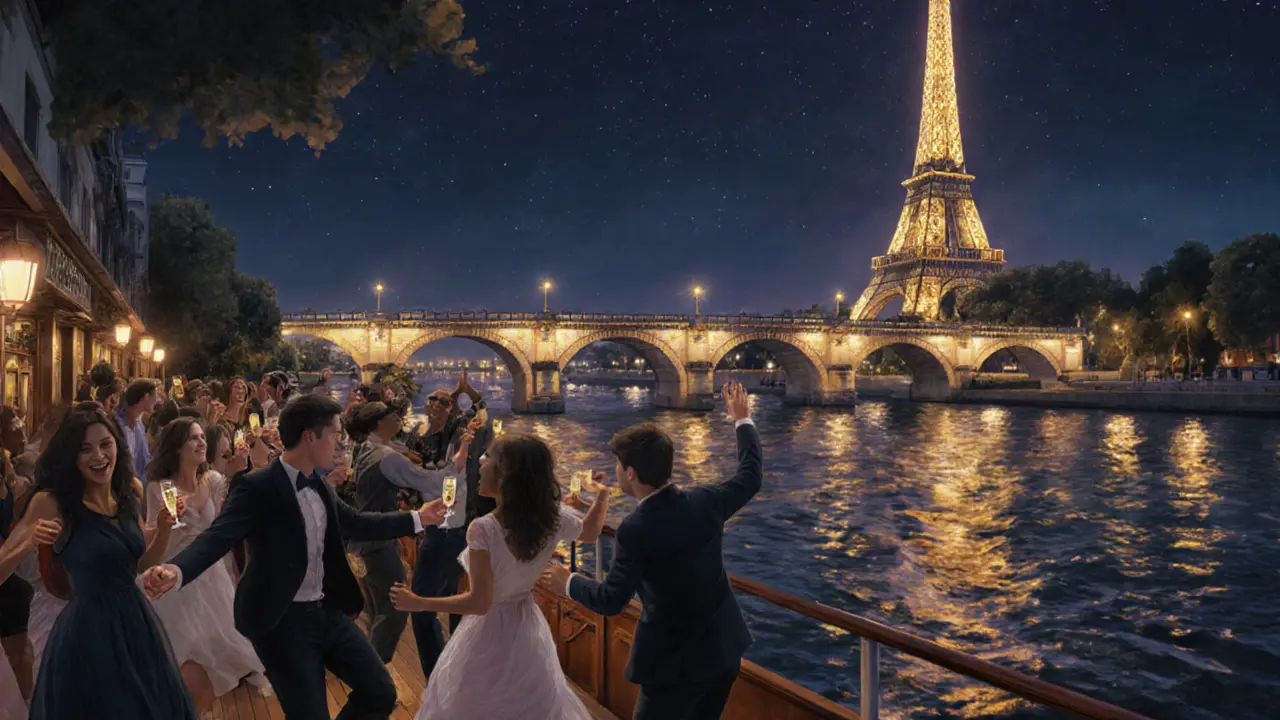 Celebrants dancing on a private Seine River cruise under the glowing Eiffel Tower.