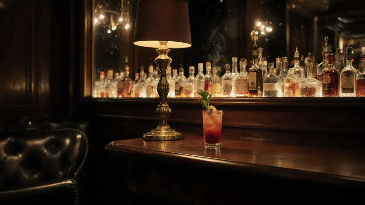Classic cocktail on dark wood bar with mirrored bottles reflecting warm golden light in elegant lounge.