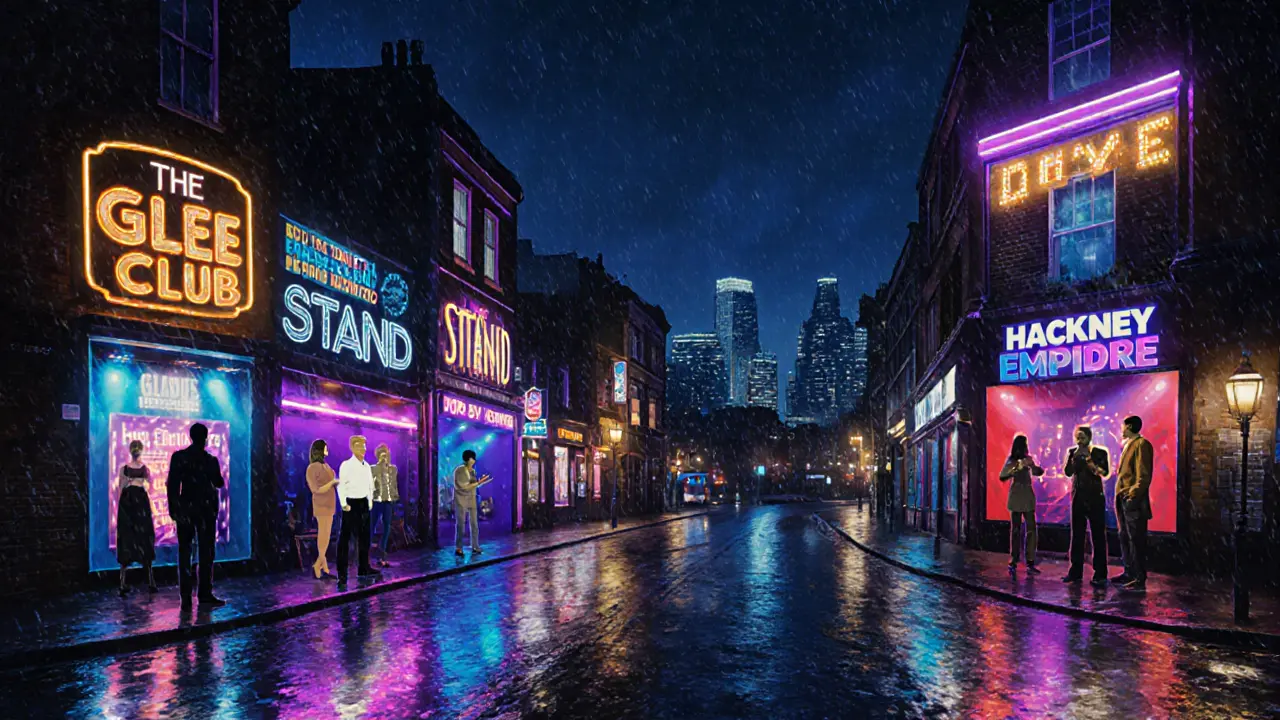 Collage of London comedy venues at night with diverse performers and glowing lights.