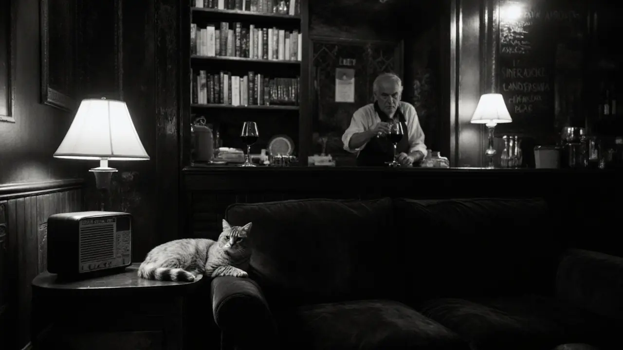Cozy Bar 1914 interior with books, a cat on a sofa, and a bartender pouring wine by lamplight.