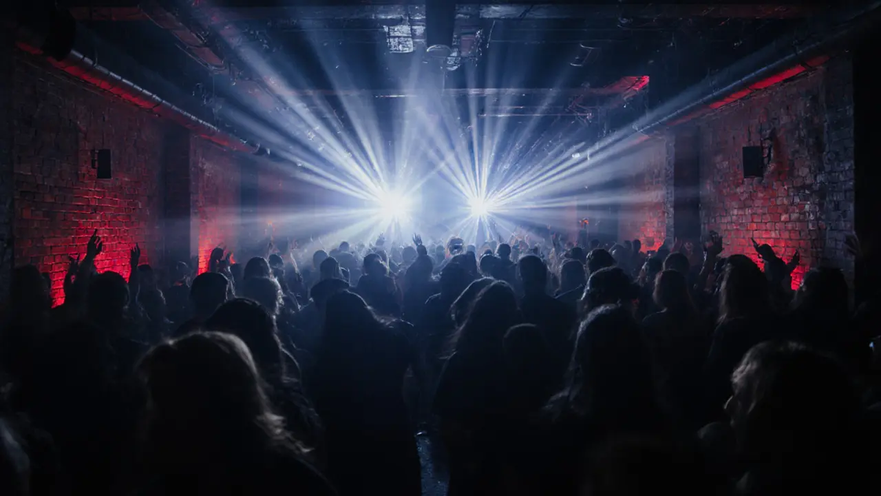 Crowd dancing in a dark underground nightclub with pulsing lights and industrial architecture.