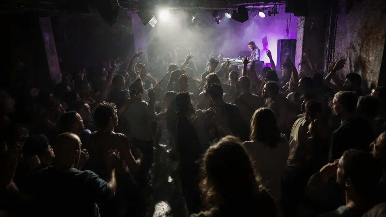 Crowd dancing in a dim underground club with industrial lighting and bass vibrations.