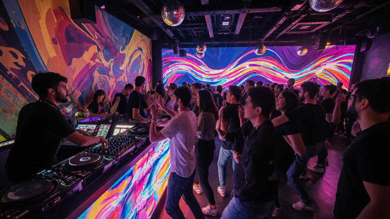 Crowded nightclub with neon lights and diverse crowd dancing to electronic music.