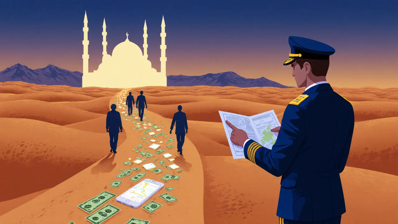 Desert path leading to a mosque, with dissolving money and a licensed tour guide guiding the way.