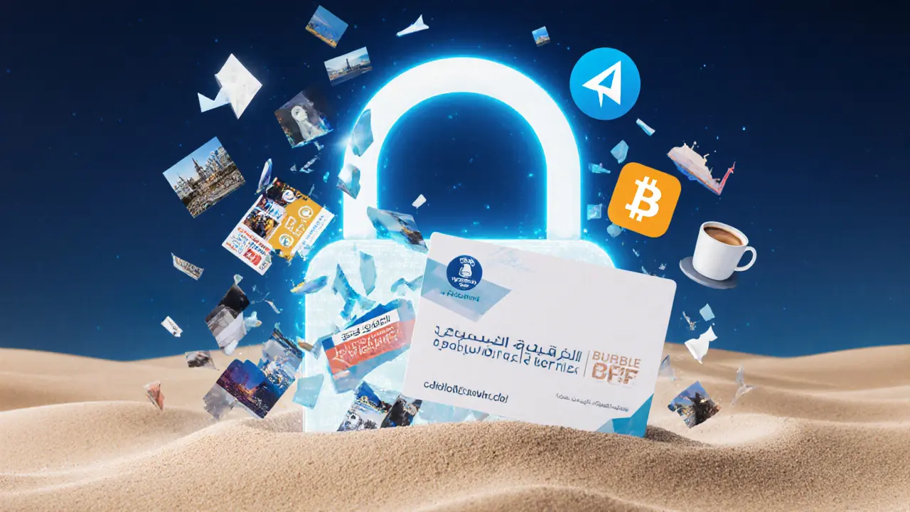 Digital lock breaking apart into sand, with safe alternatives like a tour agency card emerging.