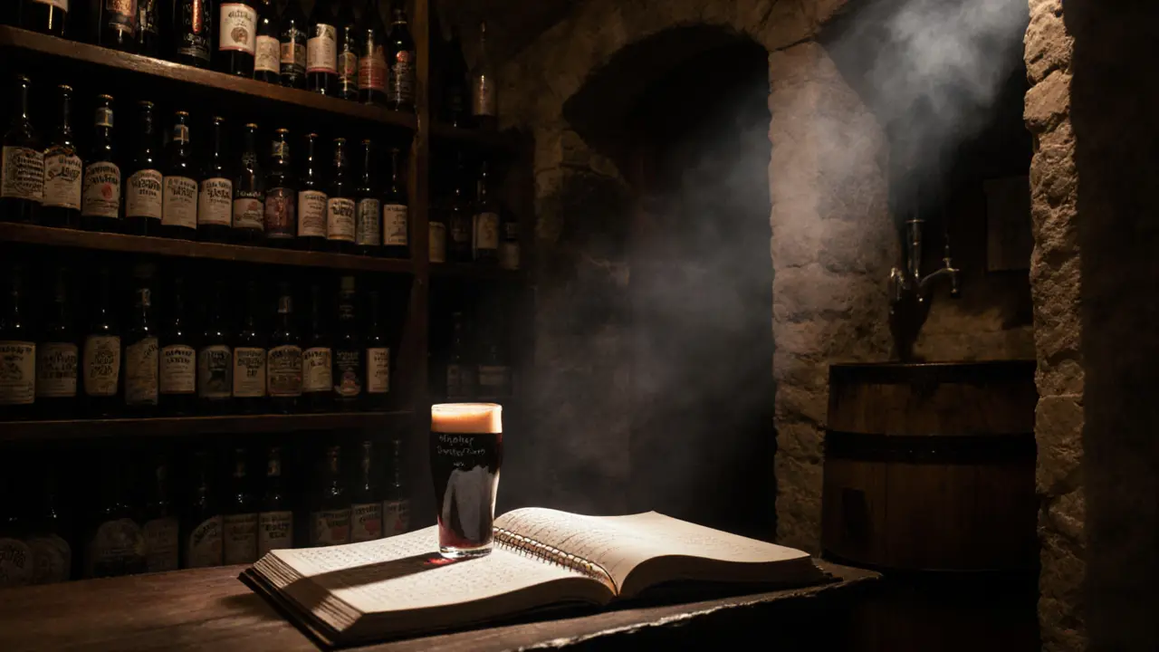 Dimly lit beer cellar with hundreds of bottles and a handwritten logbook on wood.