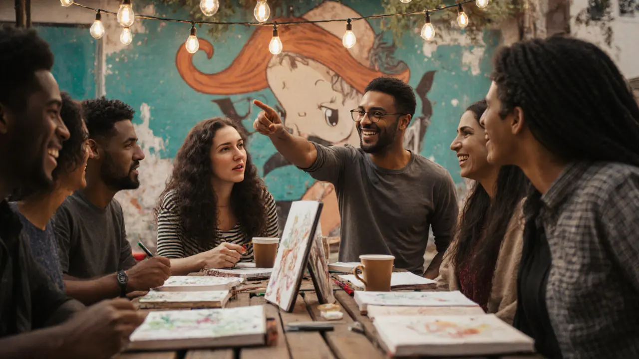 Diverse expats socialize at an outdoor art gallery café in Dubai, enjoying coffee and conversation under string lights.