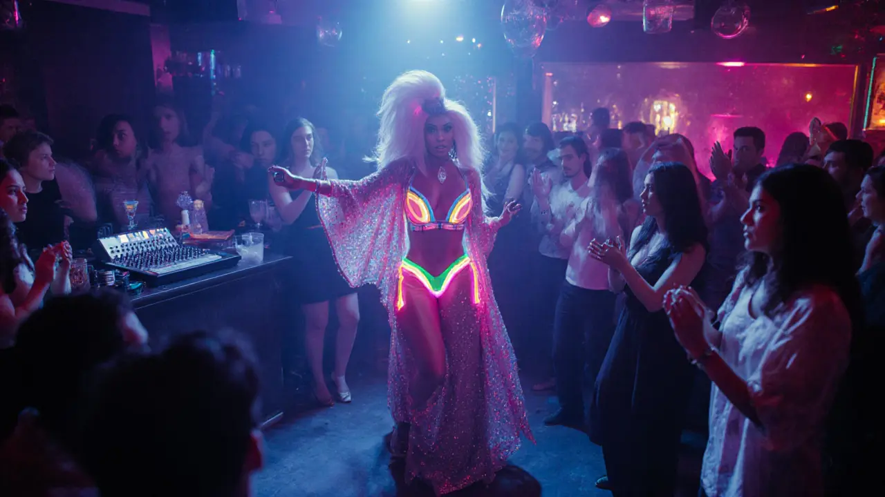 Drag performer in ornate kaftan and neon bodysuit dancing at Reina nightclub, surrounded by a joyful, diverse audience.