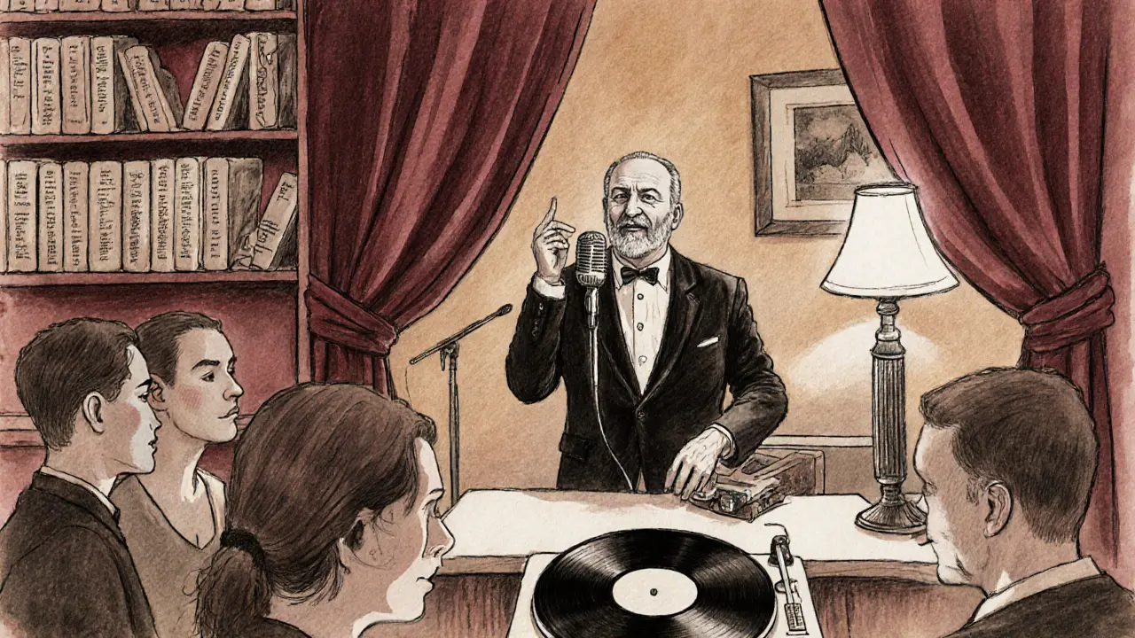 Elderly man singing Sinatra in a cozy bar with velvet curtains and vinyl record