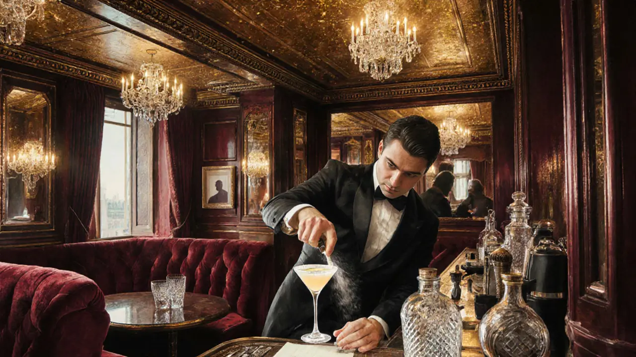 Elegant 1920s bar with mirrored walls and a bartender shaking a frosty cocktail in a tailcoat.